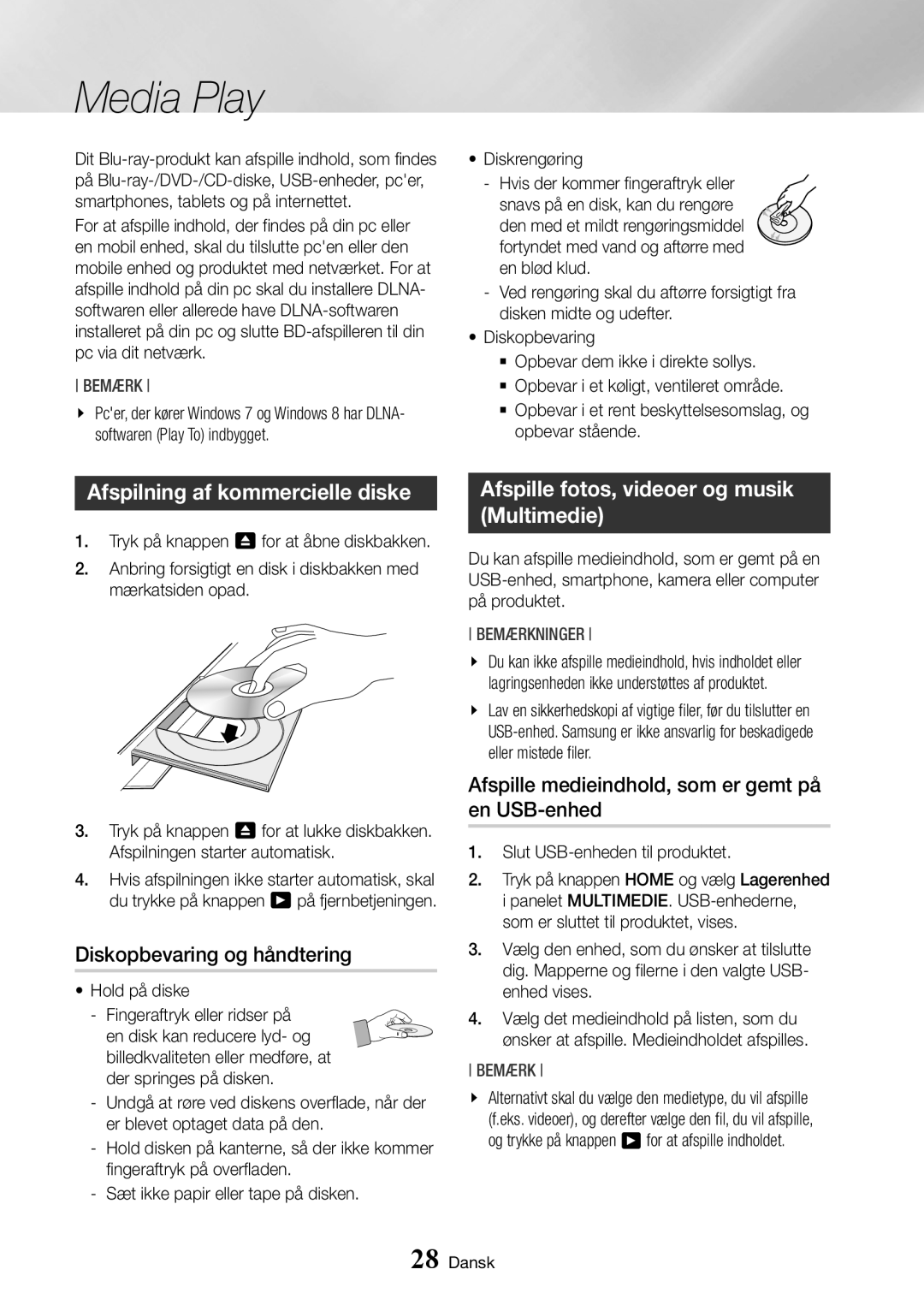 Samsung BD-J7500/XE manual Media Play, Afspilning af kommercielle diske, Diskopbevaring og håndtering 