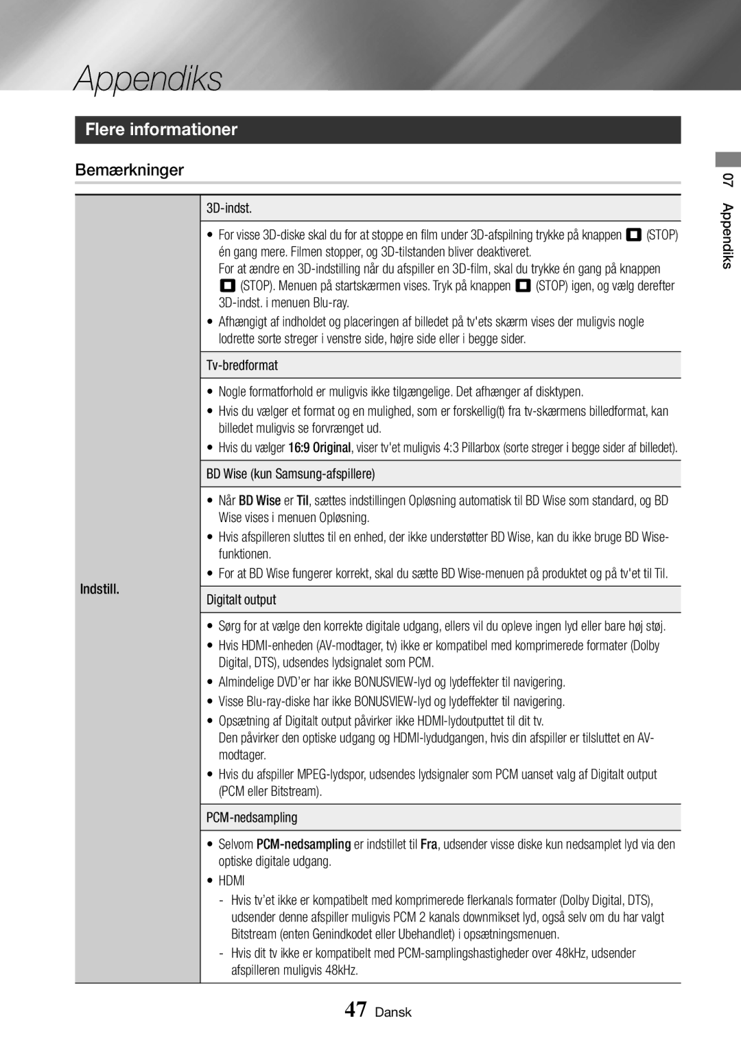 Samsung BD-J7500/XE manual Appendiks, Flere informationer, Bemærkninger 