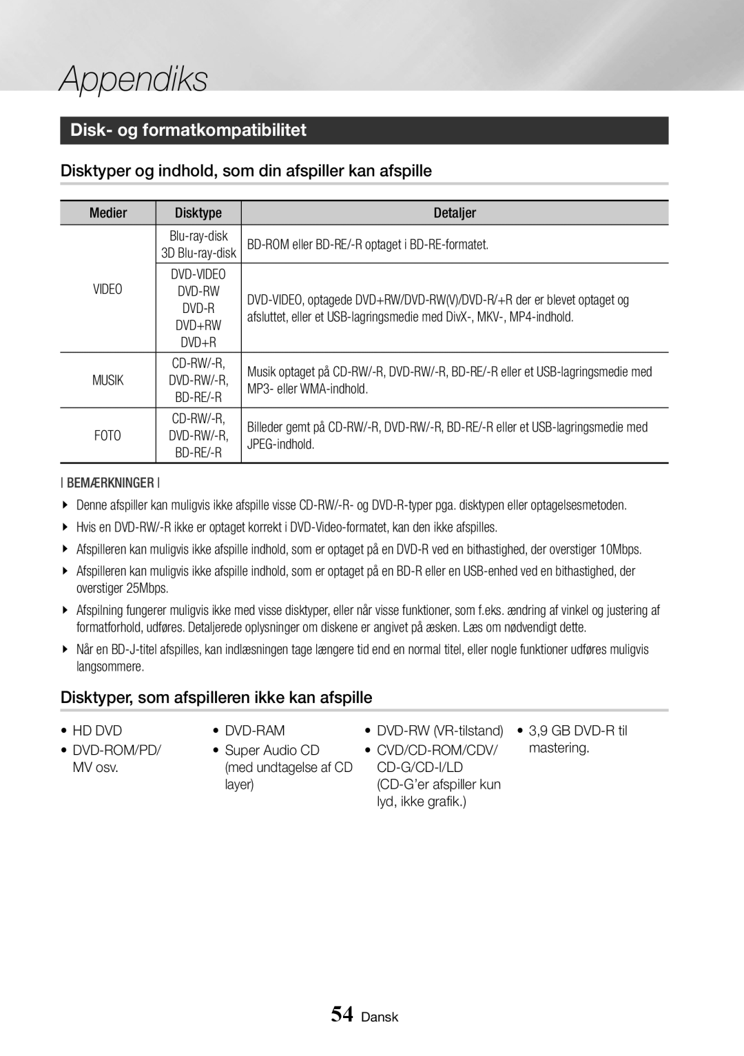 Samsung BD-J7500/XE manual Disk- og formatkompatibilitet, Disktyper og indhold, som din afspiller kan afspille 