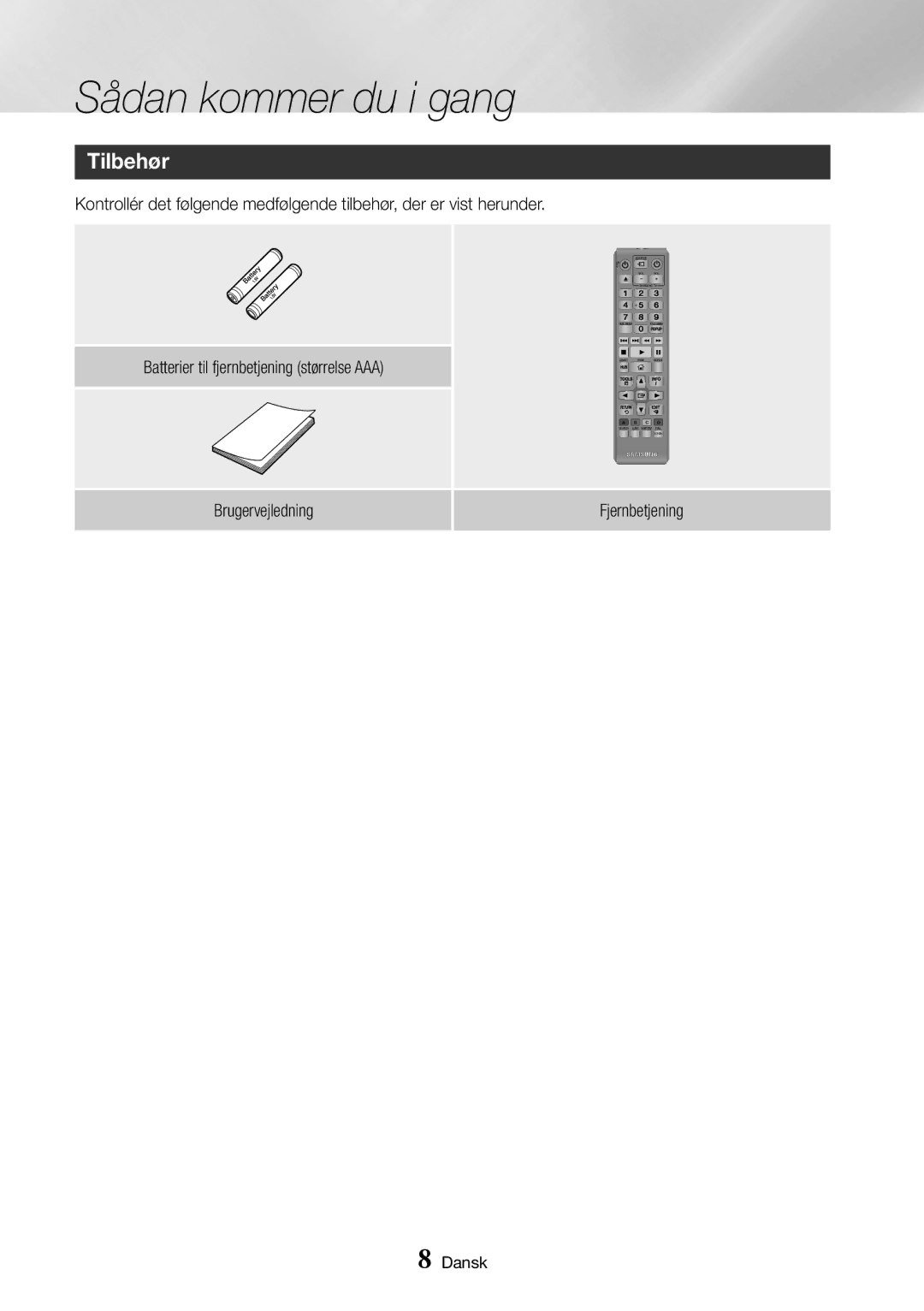 Samsung BD-J7500/XE manual Sådan kommer du i gang, Tilbehør, Brugervejledning Fjernbetjening 