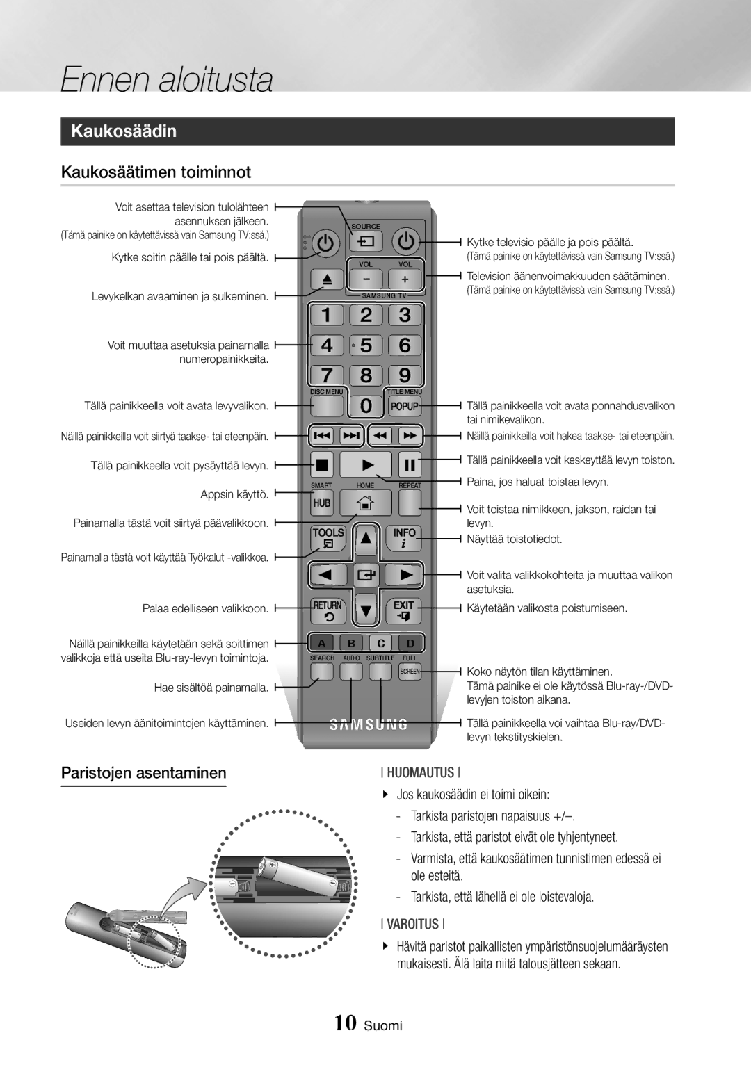 Samsung BD-J7500/XE manual Kaukosäädin, Kaukosäätimen toiminnot, Paristojen asentaminen 