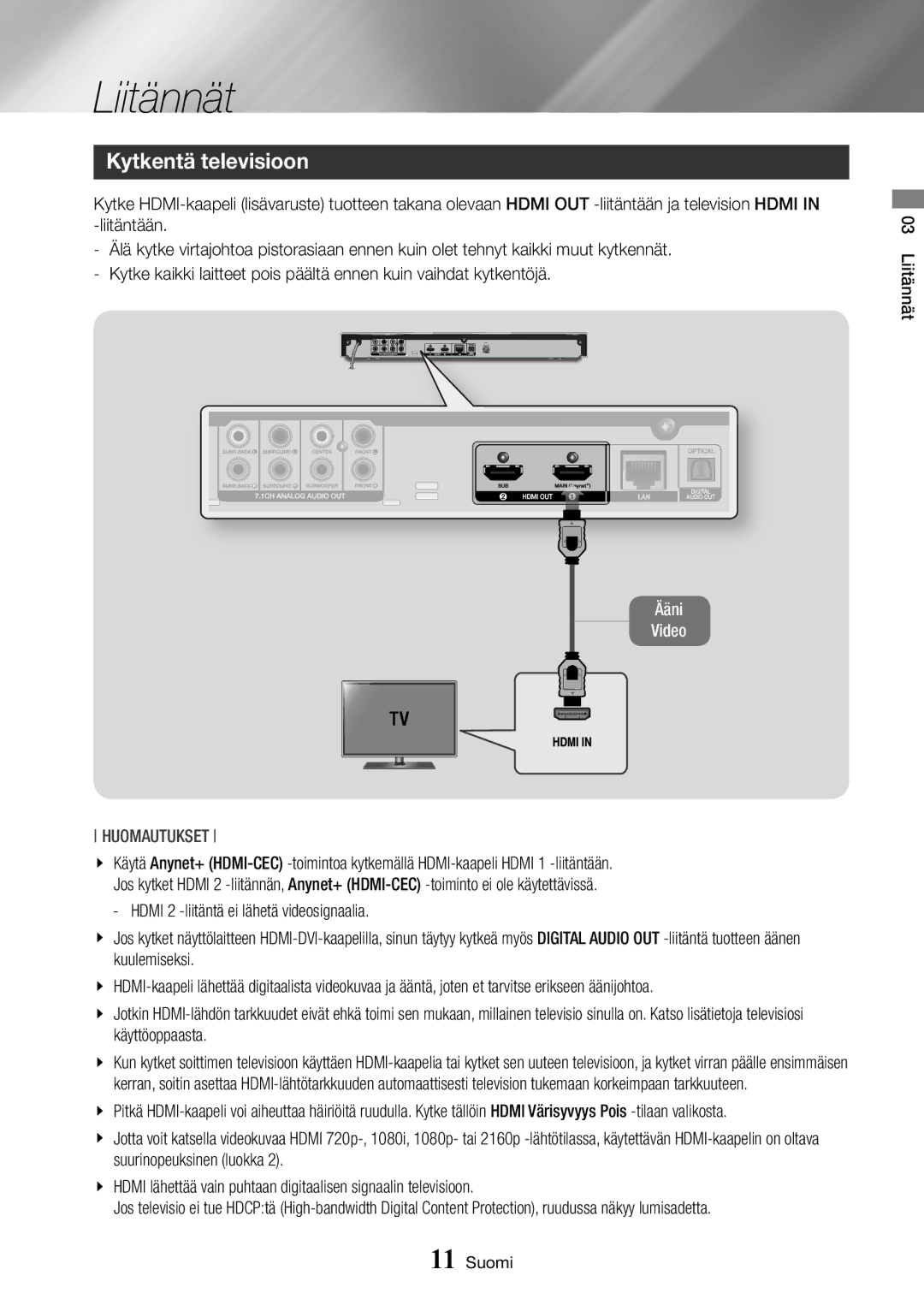 Samsung BD-J7500/XE manual Liitännät, Kytkentä televisioon 