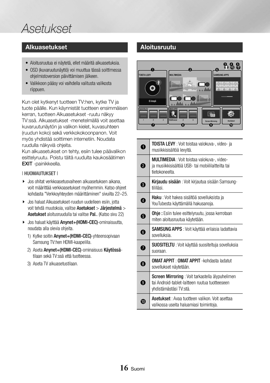 Samsung BD-J7500/XE manual Asetukset, Alkuasetukset, Aloitusruutu 