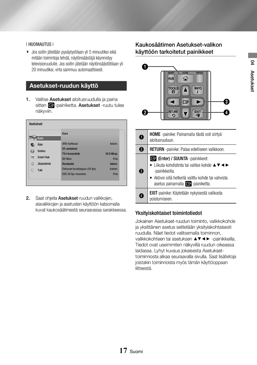 Samsung BD-J7500/XE manual Asetukset-ruudun käyttö, Yksityiskohtaiset toimintotiedot 