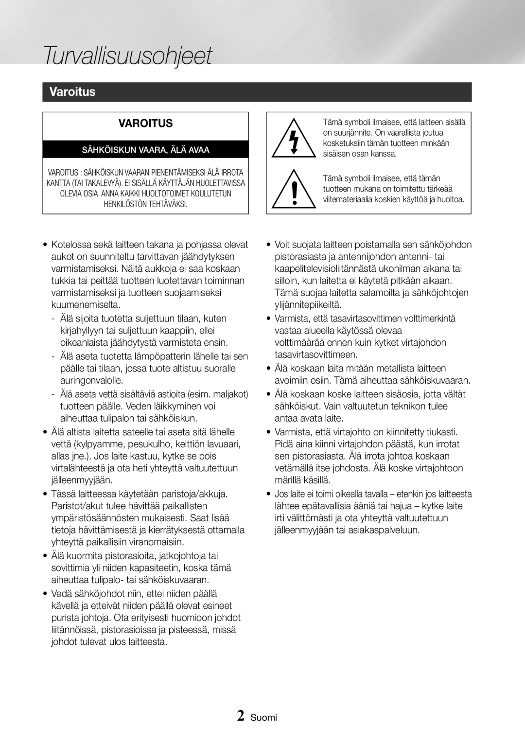 Samsung BD-J7500/XE manual Turvallisuusohjeet, Varoitus 