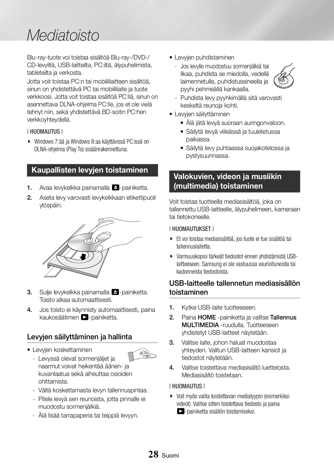 Samsung BD-J7500/XE manual Mediatoisto, Kaupallisten levyjen toistaminen, Levyjen säilyttäminen ja hallinta 