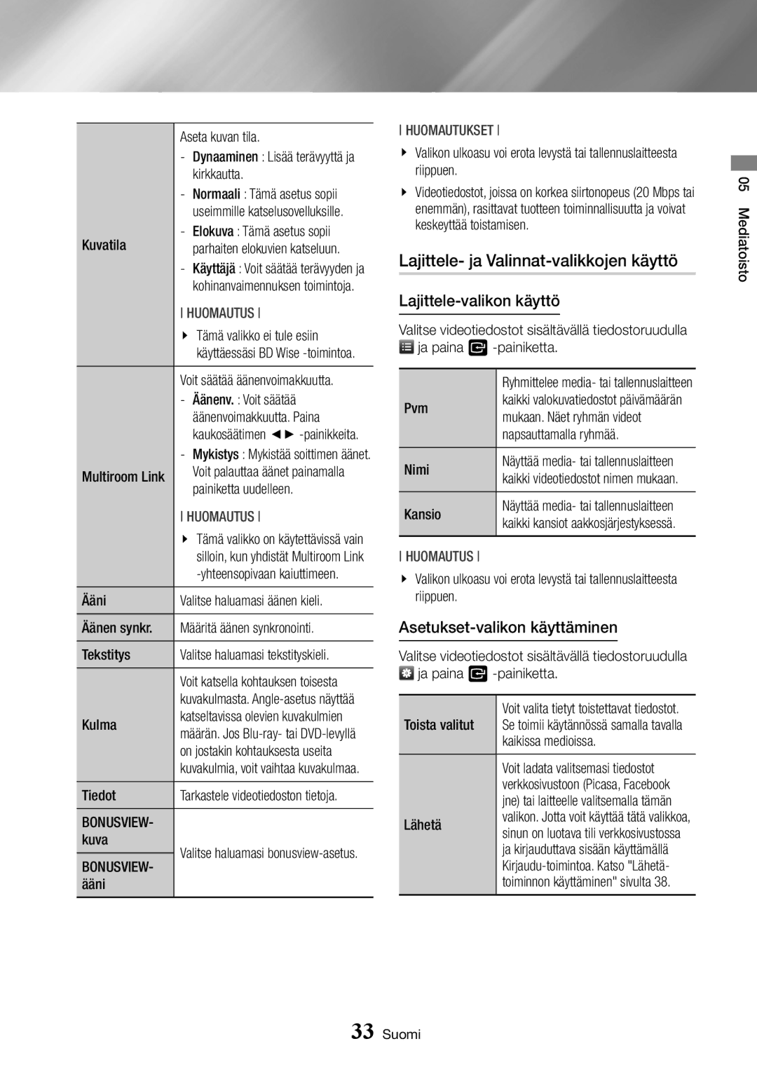 Samsung BD-J7500/XE Lajittele- ja Valinnat-valikkojen käyttö, Lajittele-valikon käyttö, Asetukset-valikon käyttäminen 