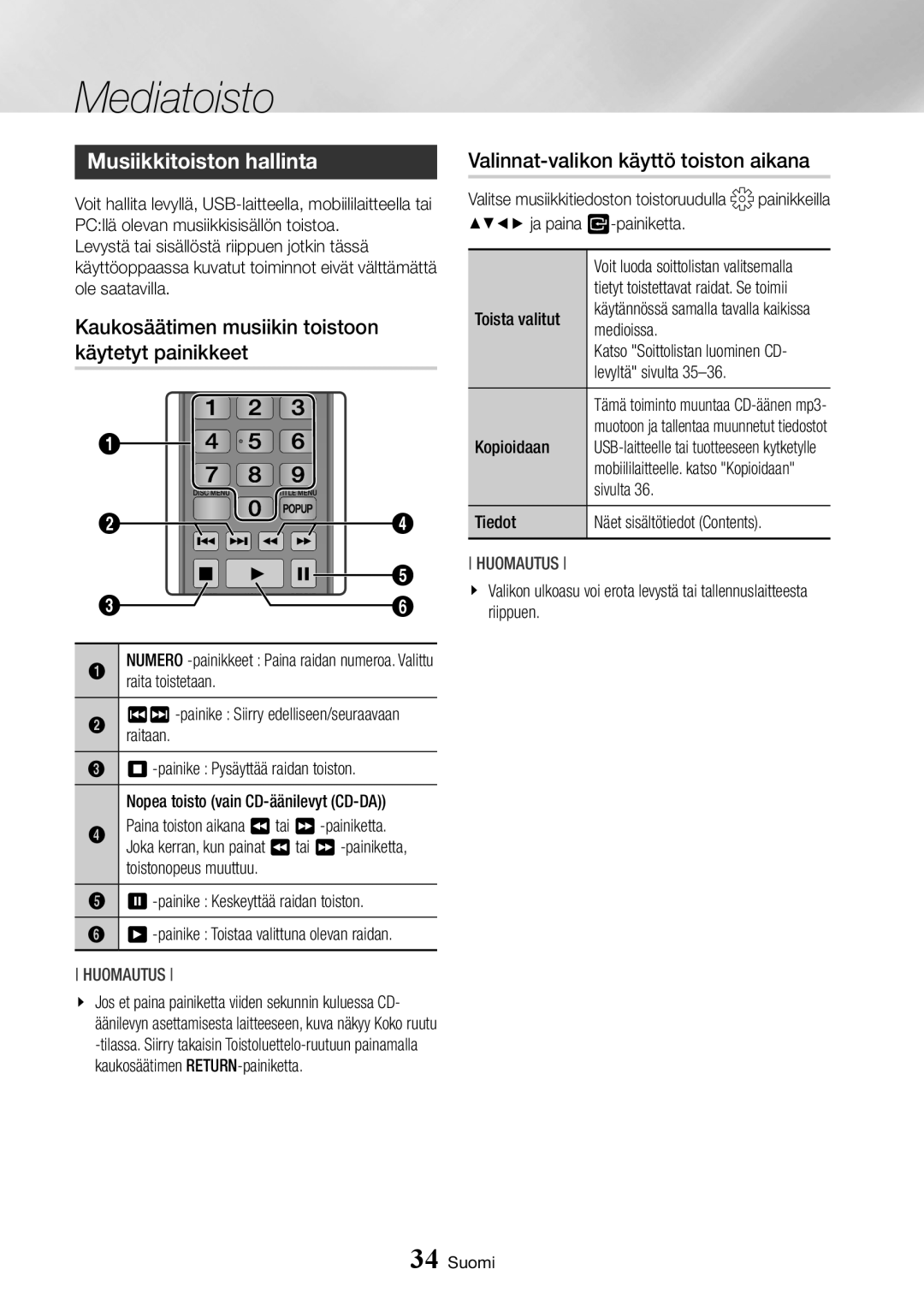 Samsung BD-J7500/XE Valinnat-valikon käyttö toiston aikana, Musiikkitoiston hallinta, Kaukosäätimen musiikin toistoon 