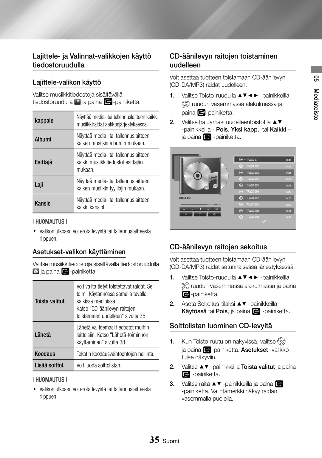 Samsung BD-J7500/XE Lajittele- ja Valinnat-valikkojen käyttö tiedostoruudulla, CD-äänilevyn raitojen toistaminen uudelleen 