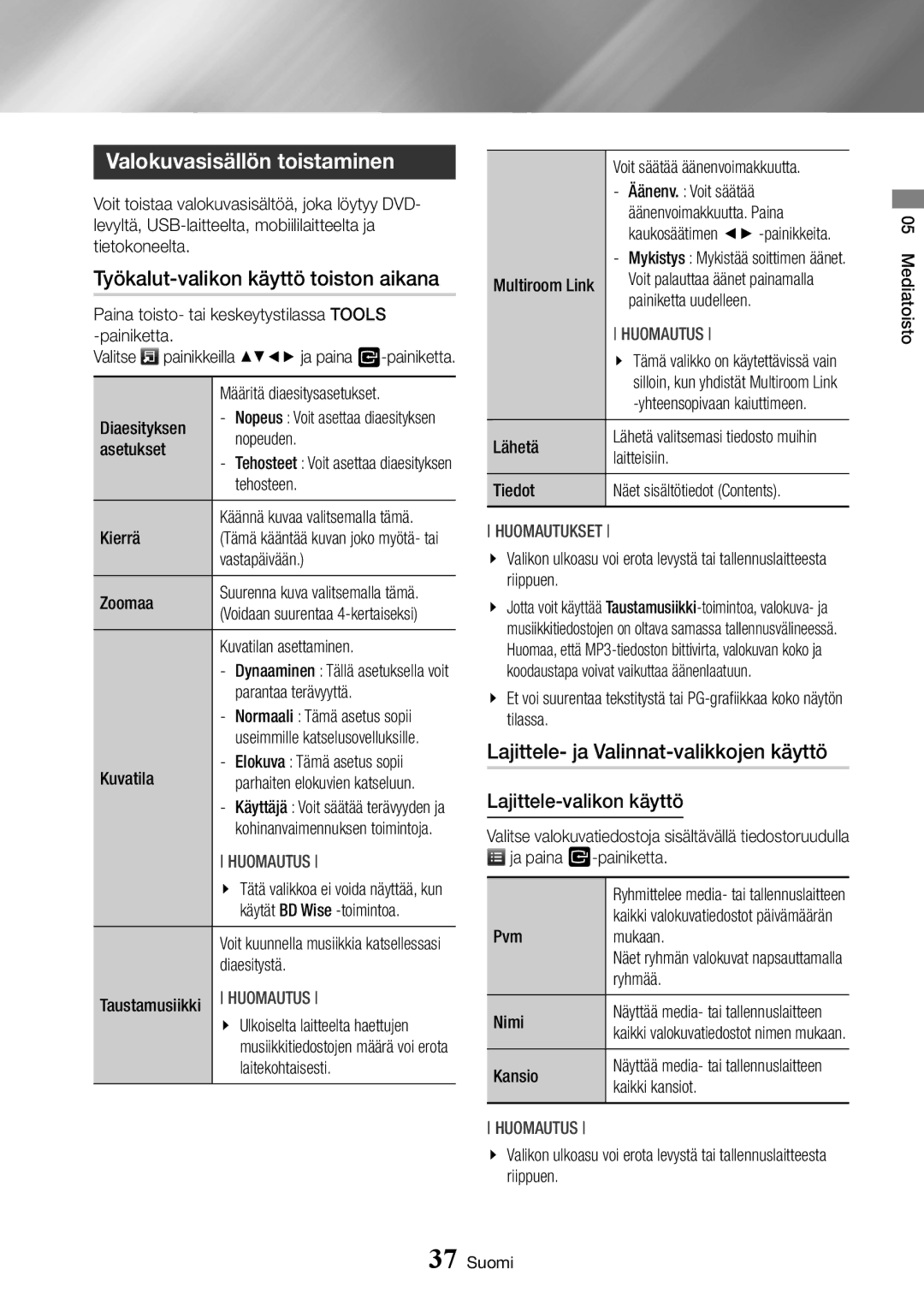 Samsung BD-J7500/XE manual Valokuvasisällön toistaminen, Työkalut-valikon käyttö toiston aikana 