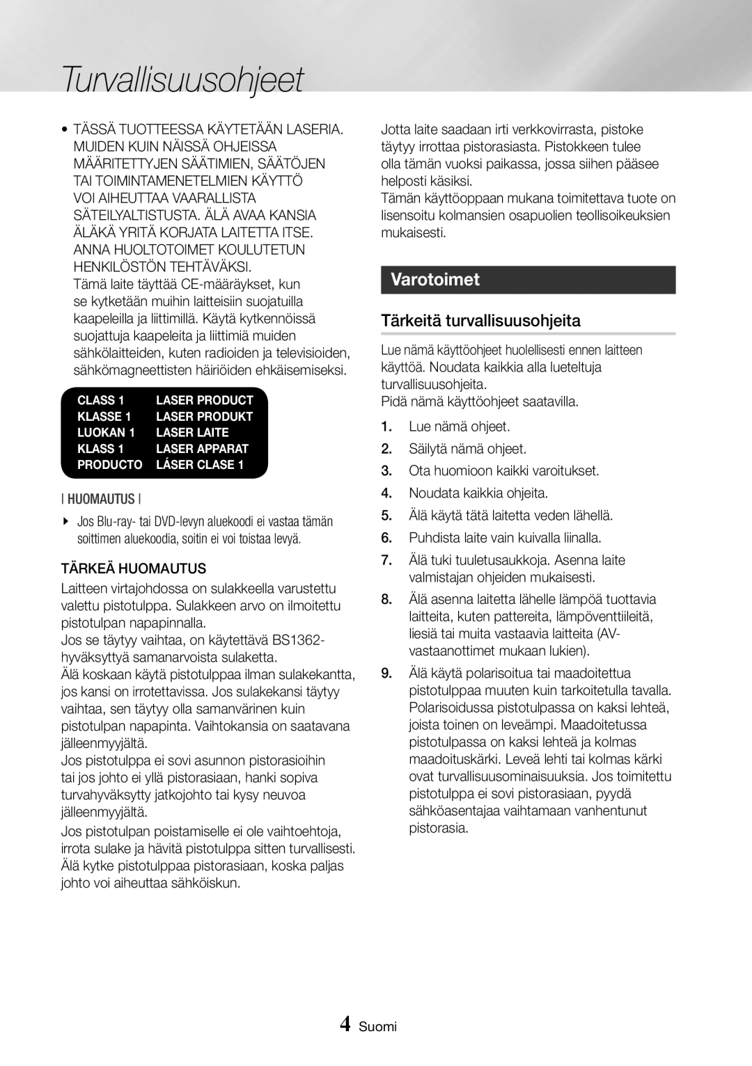 Samsung BD-J7500/XE manual Varotoimet, Tärkeitä turvallisuusohjeita, Tärkeä Huomautus 