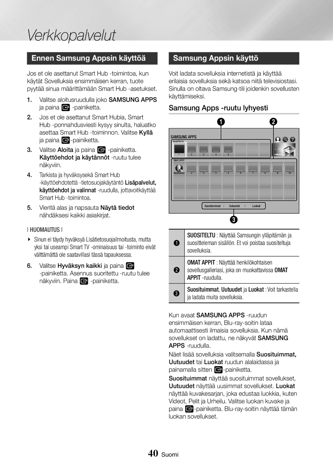 Samsung BD-J7500/XE manual Ennen Samsung Appsin käyttöä, Samsung Apps -ruutu lyhyesti 