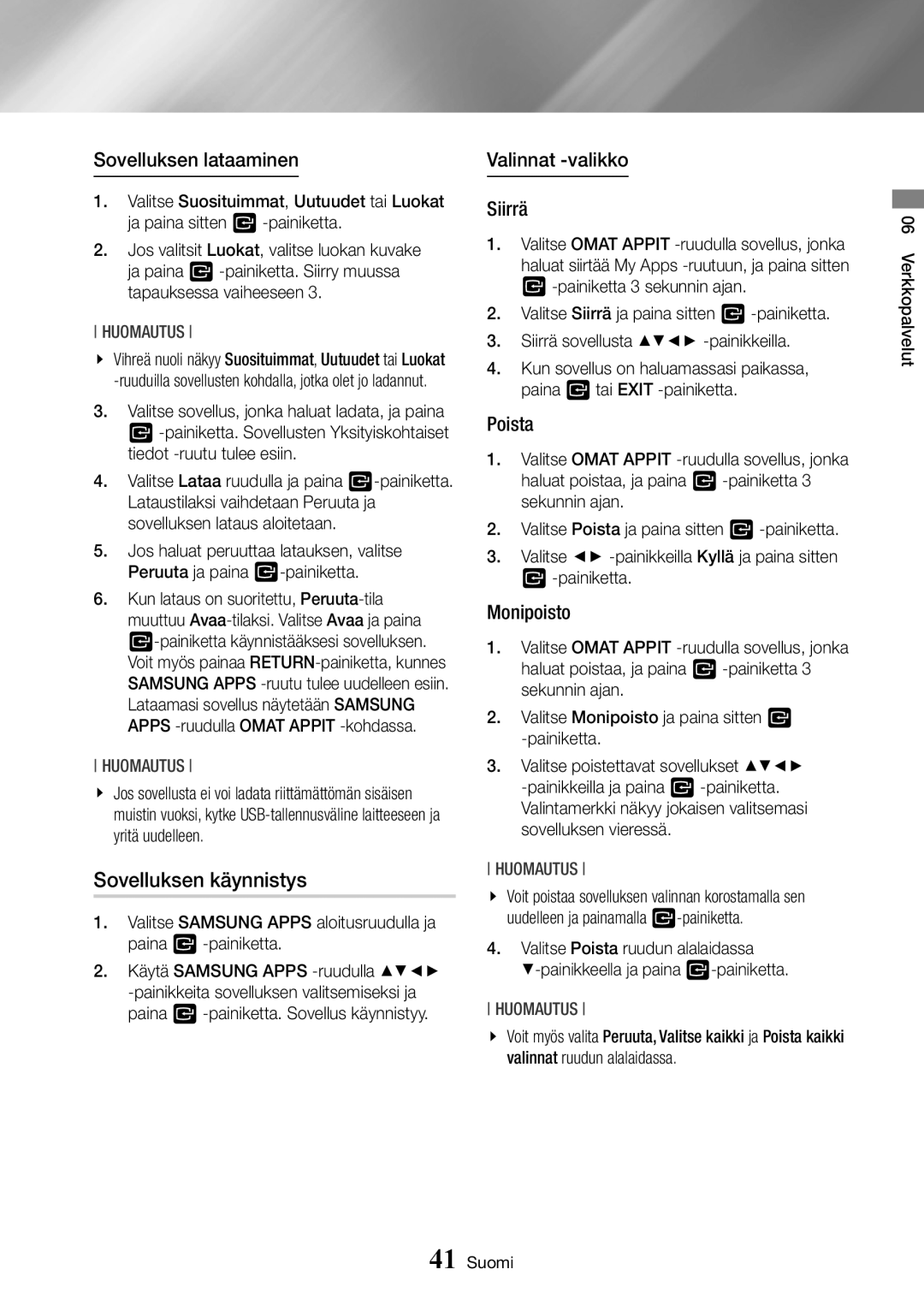 Samsung BD-J7500/XE manual Sovelluksen käynnistys, Sovelluksen lataaminen, Valinnat -valikko Siirrä, Poista, Monipoisto 