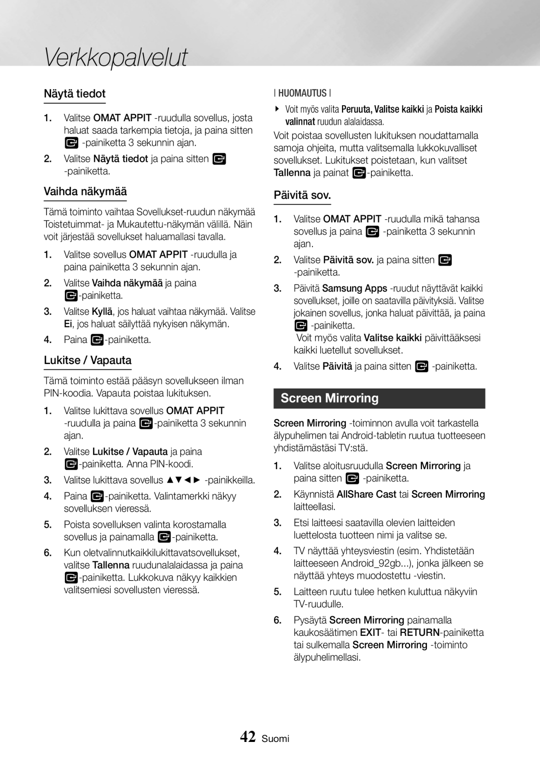 Samsung BD-J7500/XE manual Screen Mirroring, Näytä tiedot, Vaihda näkymää, Lukitse / Vapauta, Päivitä sov 