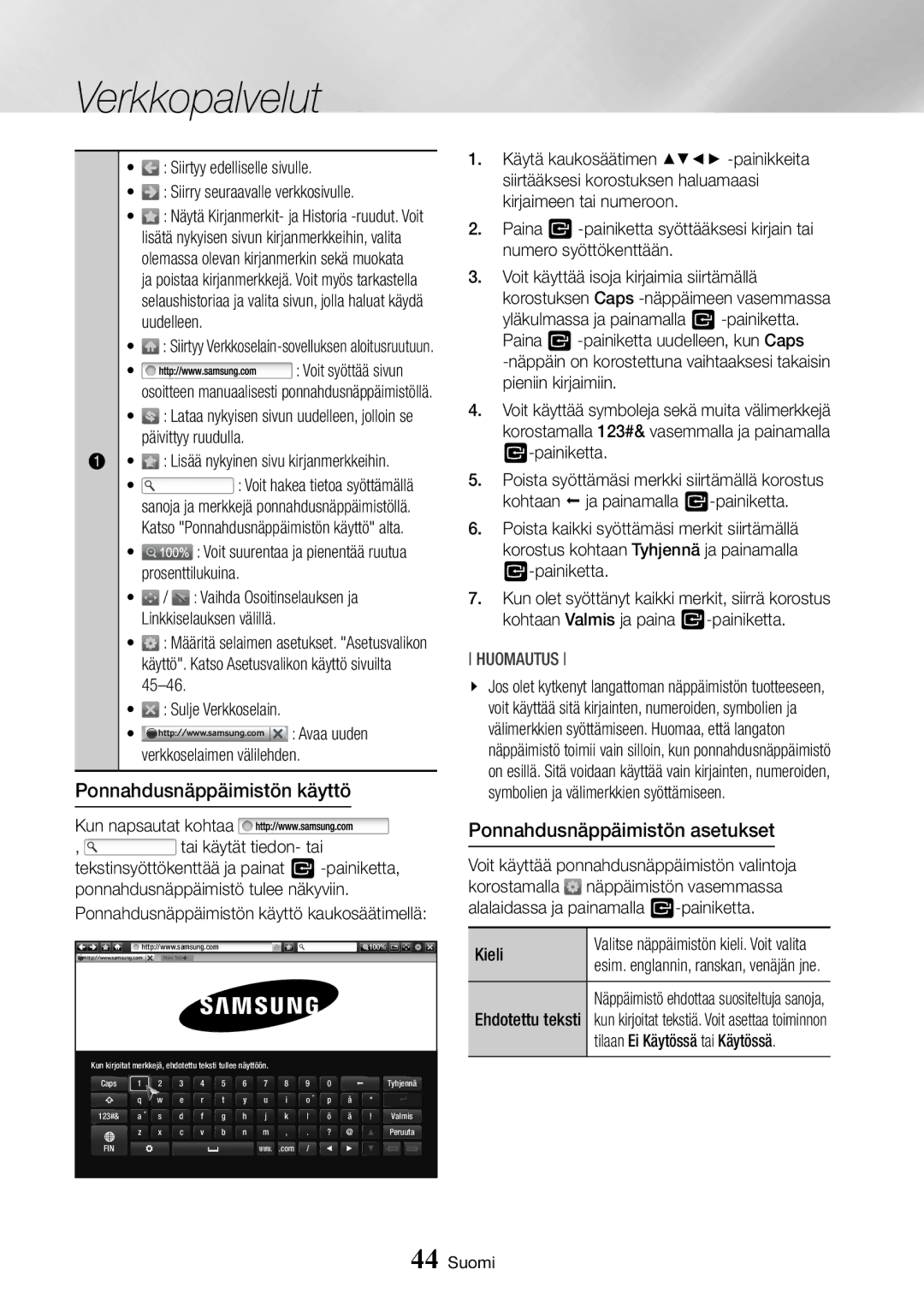 Samsung BD-J7500/XE manual Ponnahdusnäppäimistön käyttö, Ponnahdusnäppäimistön asetukset 