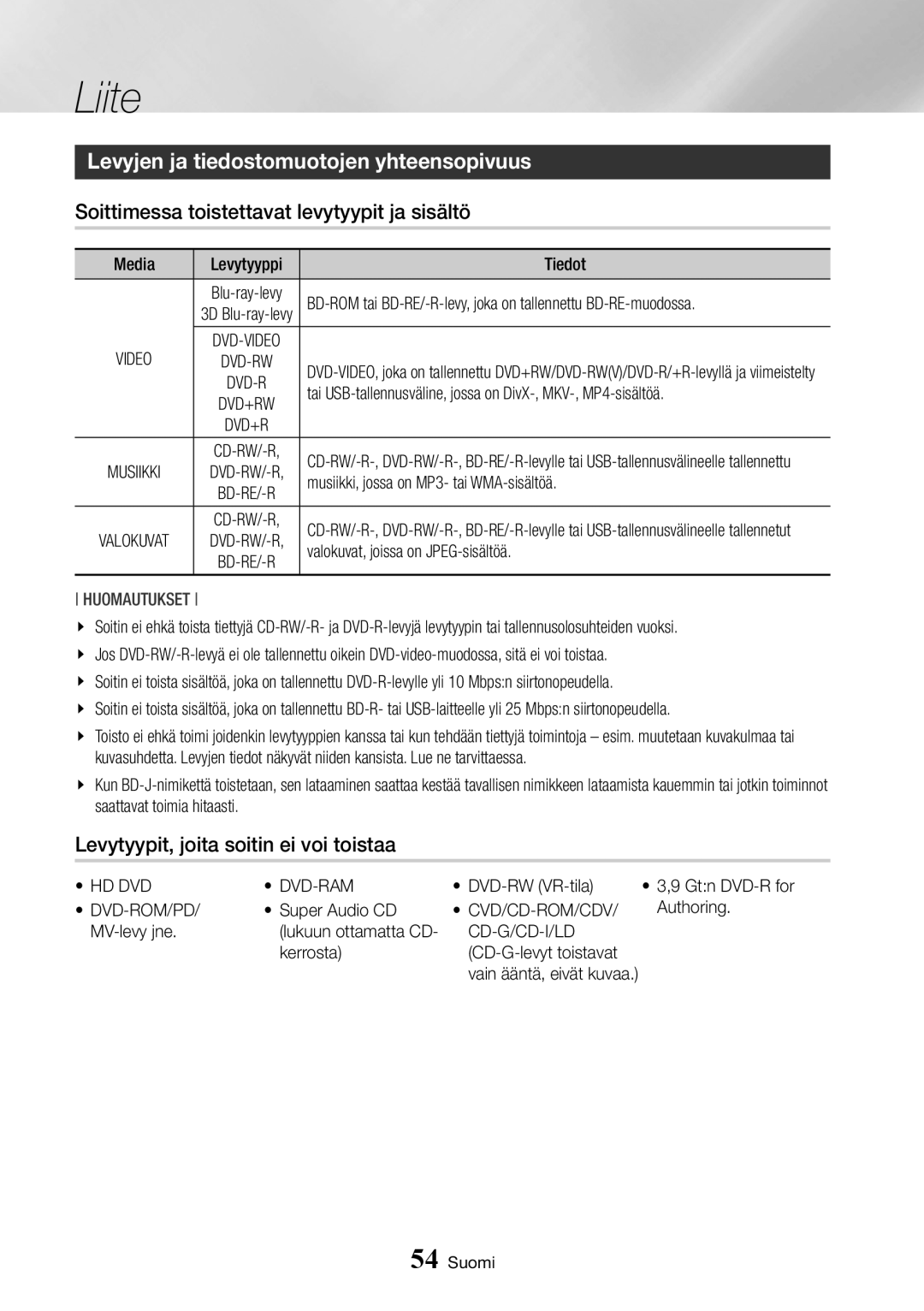 Samsung BD-J7500/XE manual Levyjen ja tiedostomuotojen yhteensopivuus, Soittimessa toistettavat levytyypit ja sisältö 