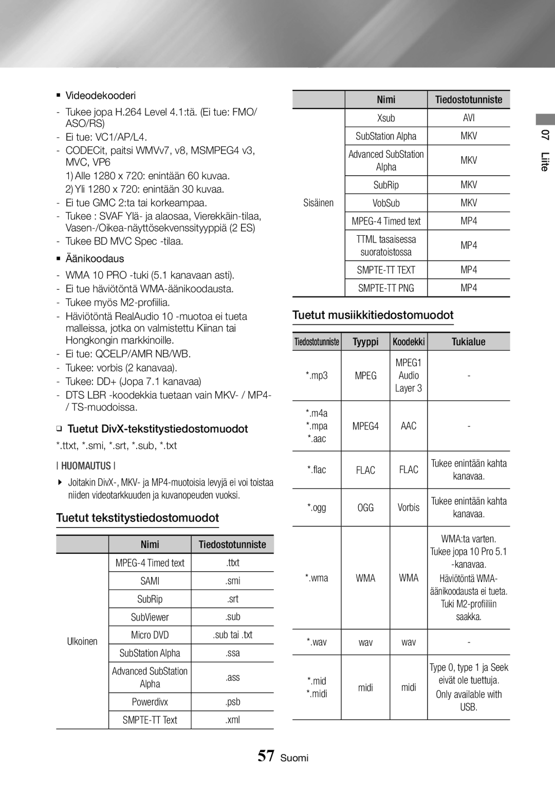 Samsung BD-J7500/XE manual Tuetut tekstitystiedostomuodot, Tuetut musiikkitiedostomuodot, Ulkoinen, Sisäinen 