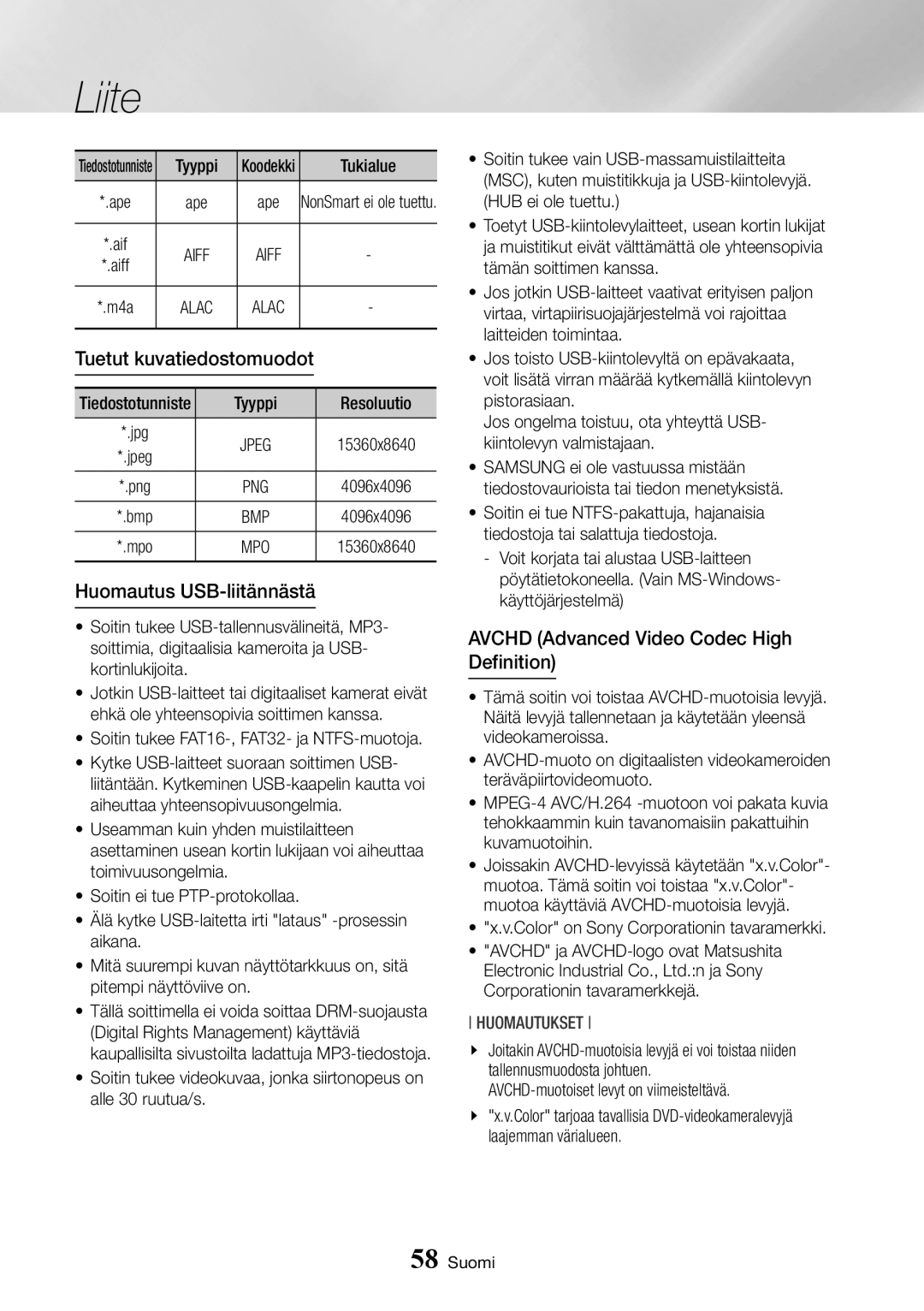 Samsung BD-J7500/XE manual Tuetut kuvatiedostomuodot, Huomautus USB-liitännästä, Avchd Advanced Video Codec High Definition 