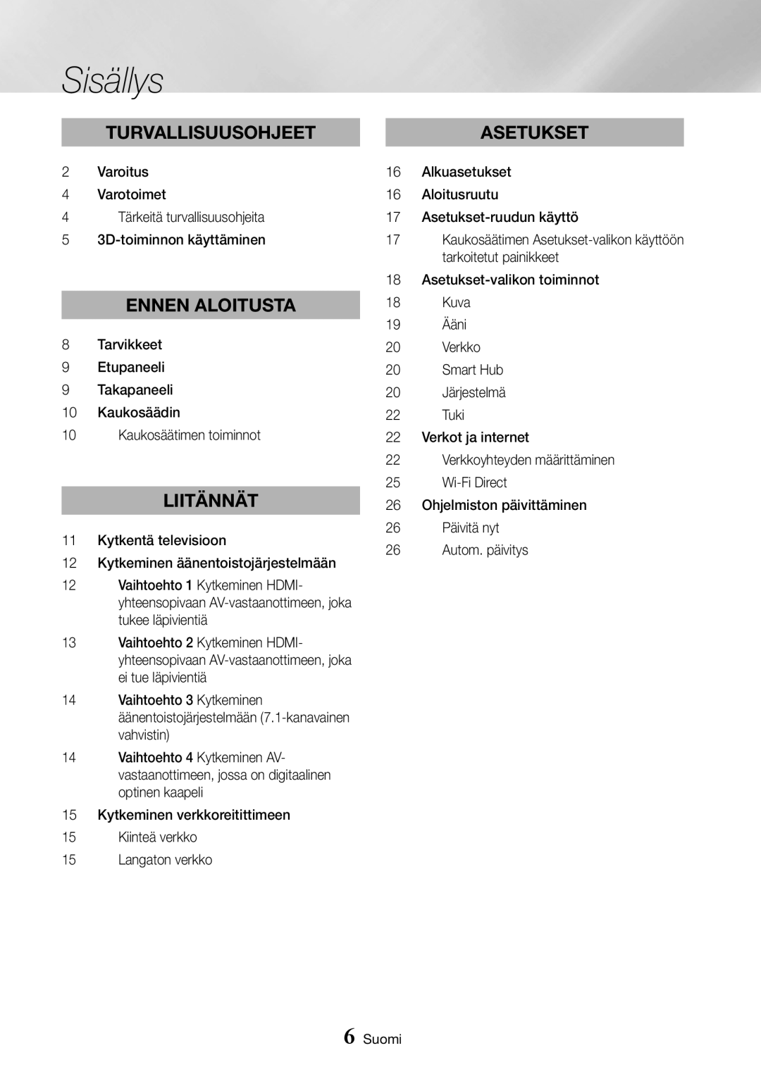 Samsung BD-J7500/XE manual Sisällys, Kytkentä televisioon Kytkeminen äänentoistojärjestelmään 