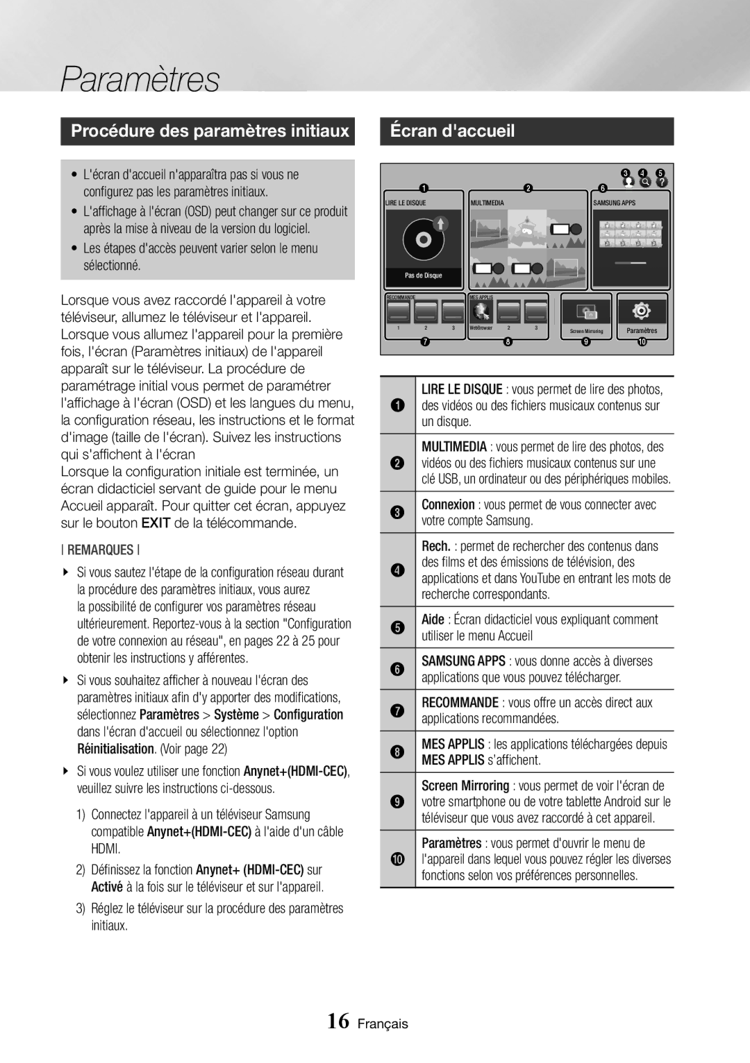 Samsung BD-J7500/ZF manual Paramètres, Procédure des paramètres initiaux, Écran daccueil, Un disque 