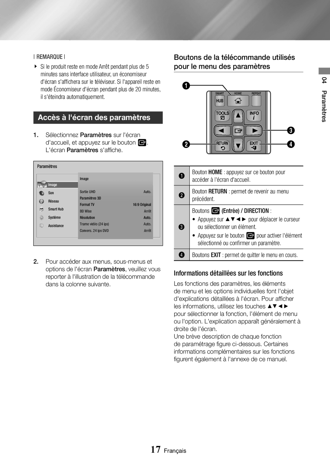 Samsung BD-J7500/ZF Accès à lécran des paramètres, Informations détaillées sur les fonctions, Accéder à lécran daccueil 