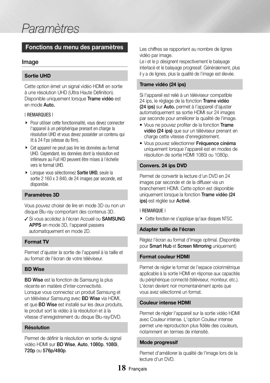 Samsung BD-J7500/ZF manual Fonctions du menu des paramètres, Image, Cette fonction ne sapplique quaux disques Ntsc 