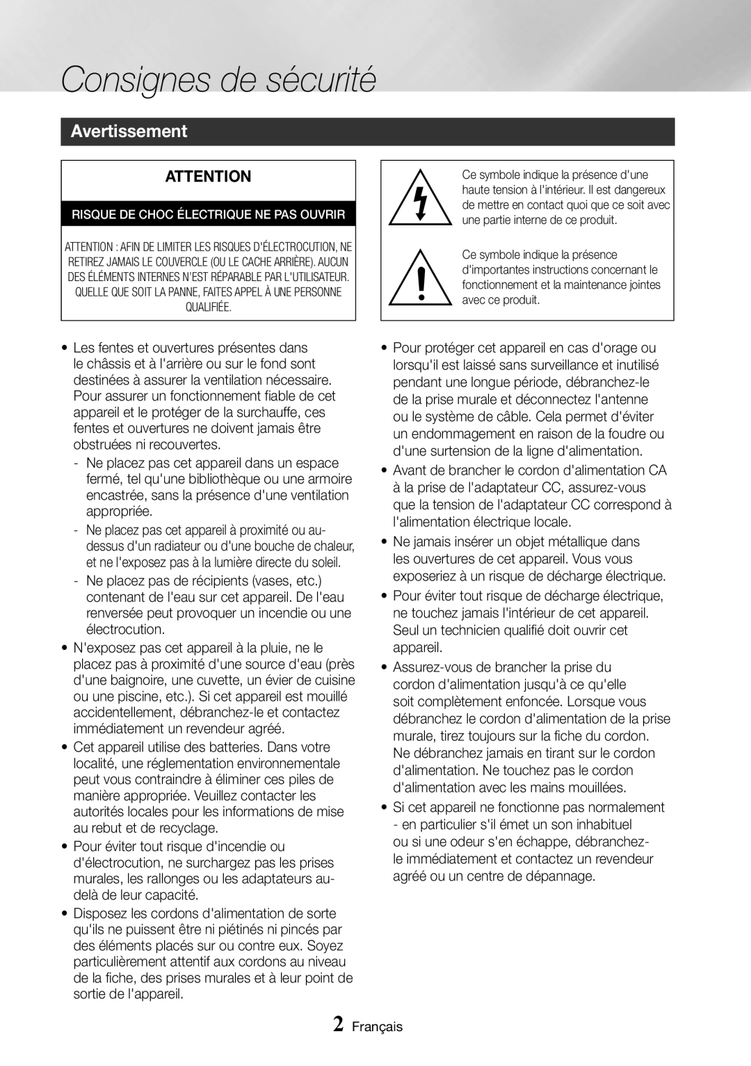 Samsung BD-J7500/ZF manual Consignes de sécurité, Avertissement 