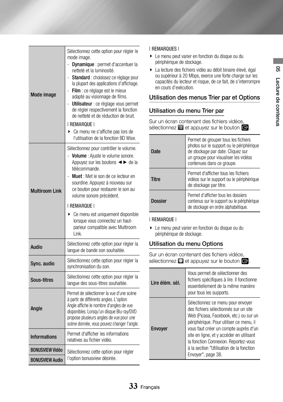 Samsung BD-J7500/ZF Utilisation des menus Trier par et Options, Utilisation du menu Trier par, Utilisation du menu Options 