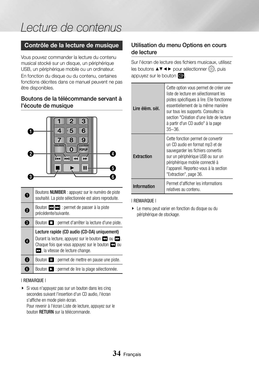 Samsung BD-J7500/ZF manual Contrôle de la lecture de musique, Boutons de la télécommande servant à lécoute de musique 