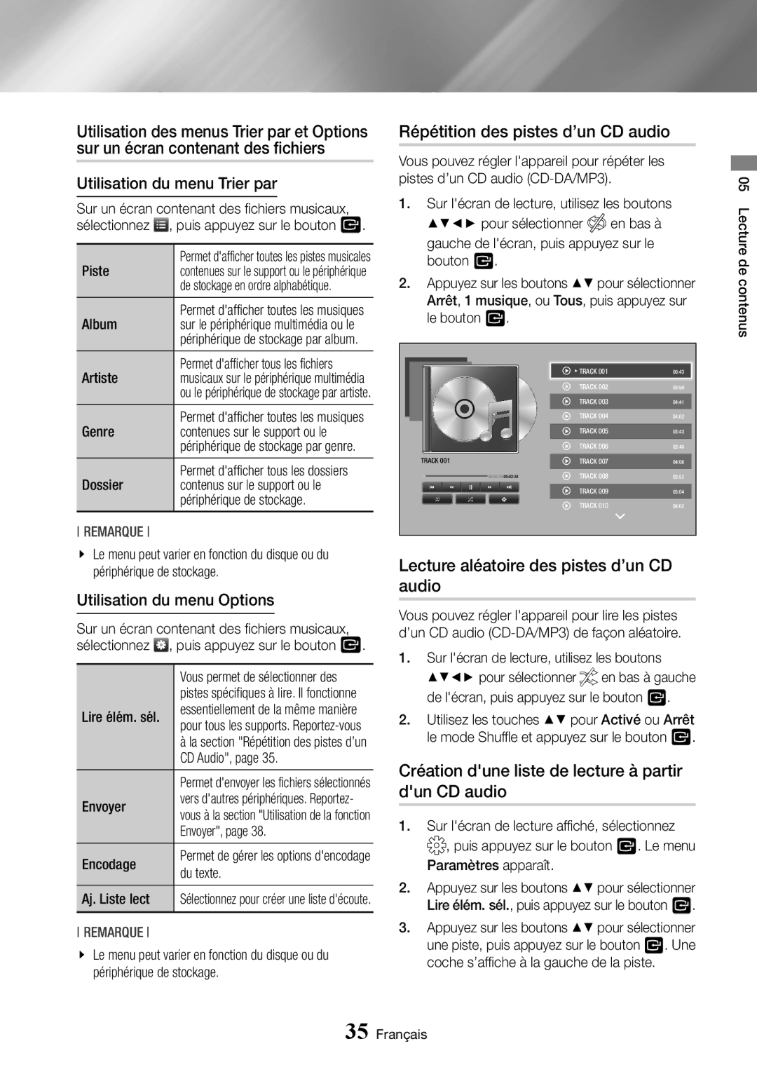 Samsung BD-J7500/ZF manual Répétition des pistes d’un CD audio, Lecture aléatoire des pistes d’un CD audio 