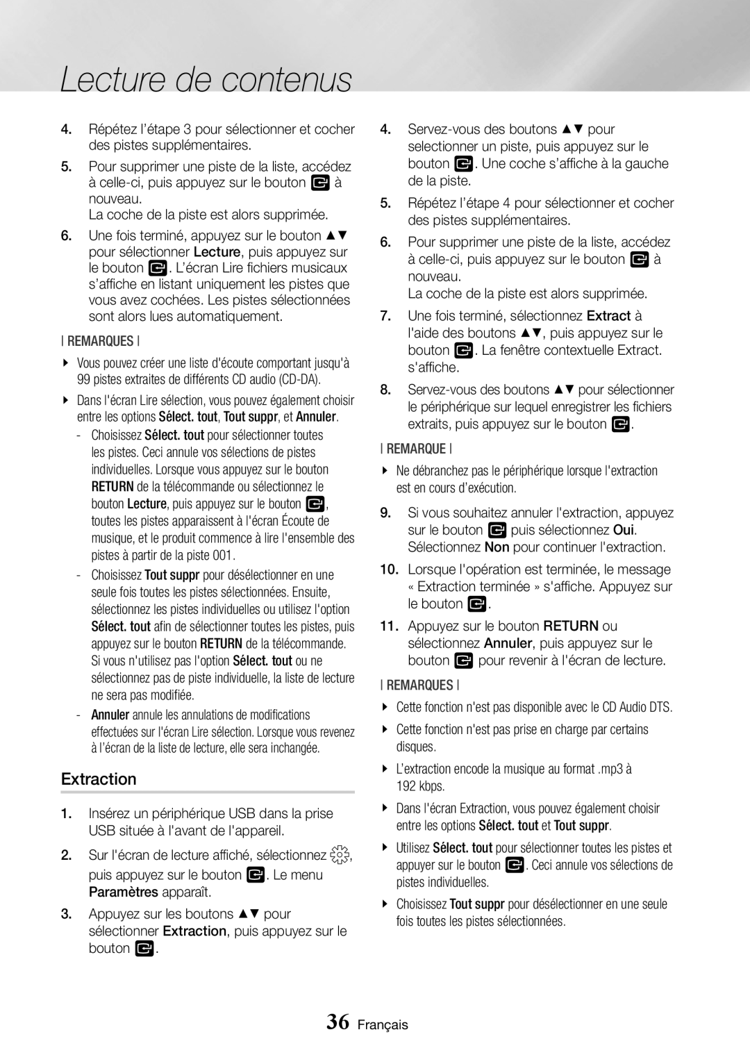 Samsung BD-J7500/ZF manual Extraction, Sur lécran de lecture affiché, sélectionnez 