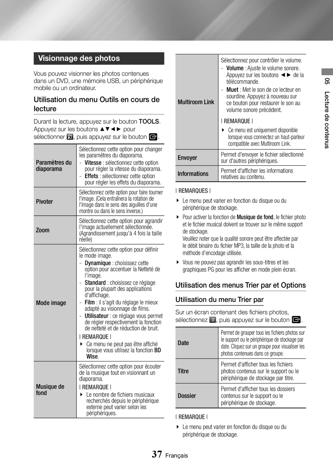 Samsung BD-J7500/ZF manual Visionnage des photos, Utilisation du menu Outils en cours de lecture 