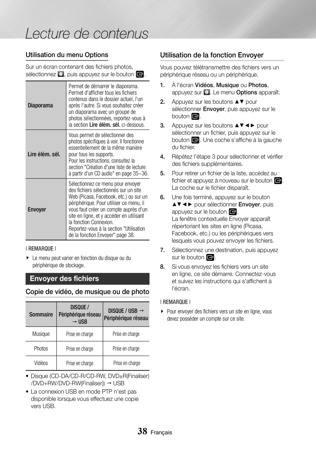 Samsung BD-J7500/ZF manual Envoyer des fichiers, Copie de vidéo, de musique ou de photo, Utilisation de la fonction Envoyer 