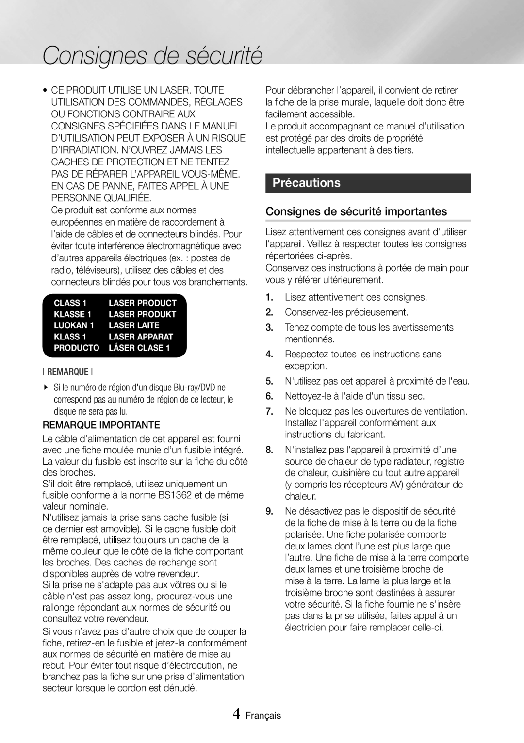 Samsung BD-J7500/ZF manual Précautions, Consignes de sécurité importantes, Remarque Importante 