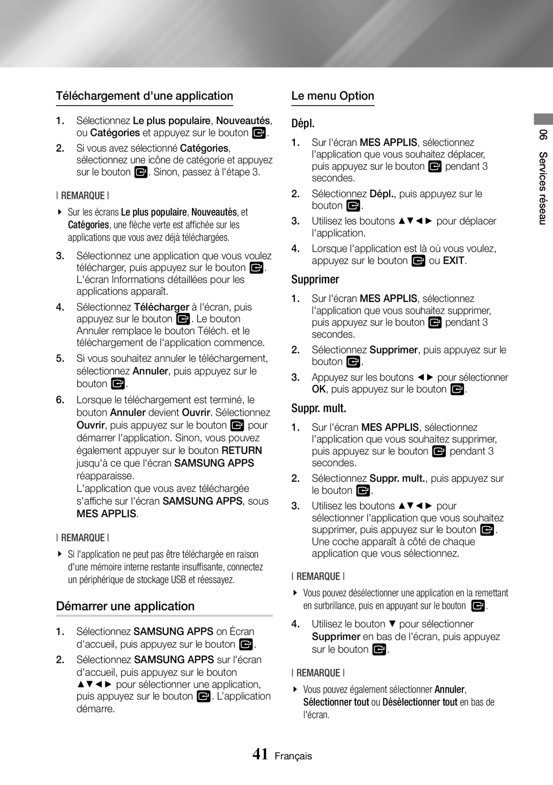 Samsung BD-J7500/ZF Démarrer une application, Téléchargement dune application, Le menu Option Dépl, Supprimer, Suppr. mult 