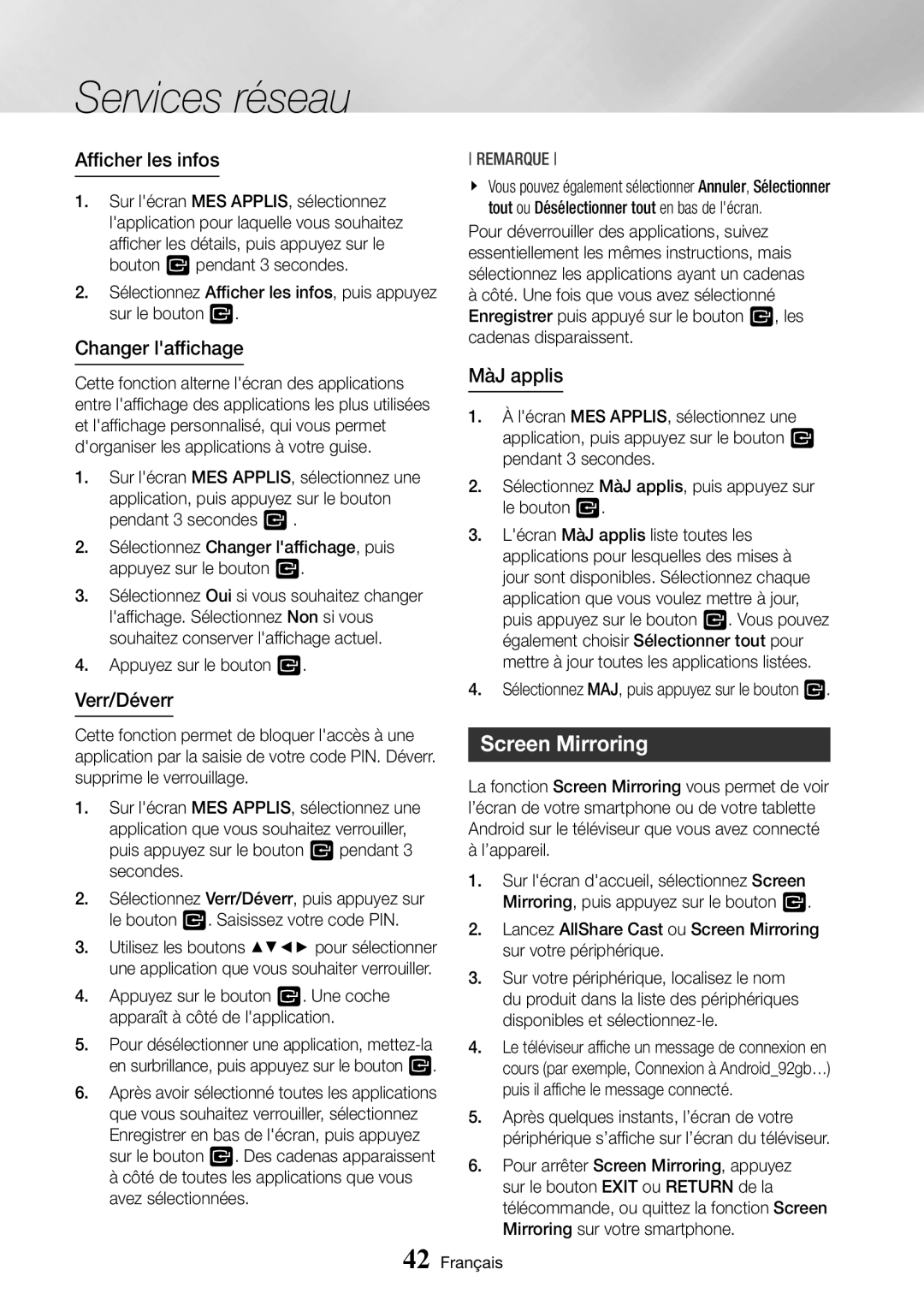 Samsung BD-J7500/ZF manual Screen Mirroring, Afficher les infos, Changer laffichage, Verr/Déverr, MàJ applis 