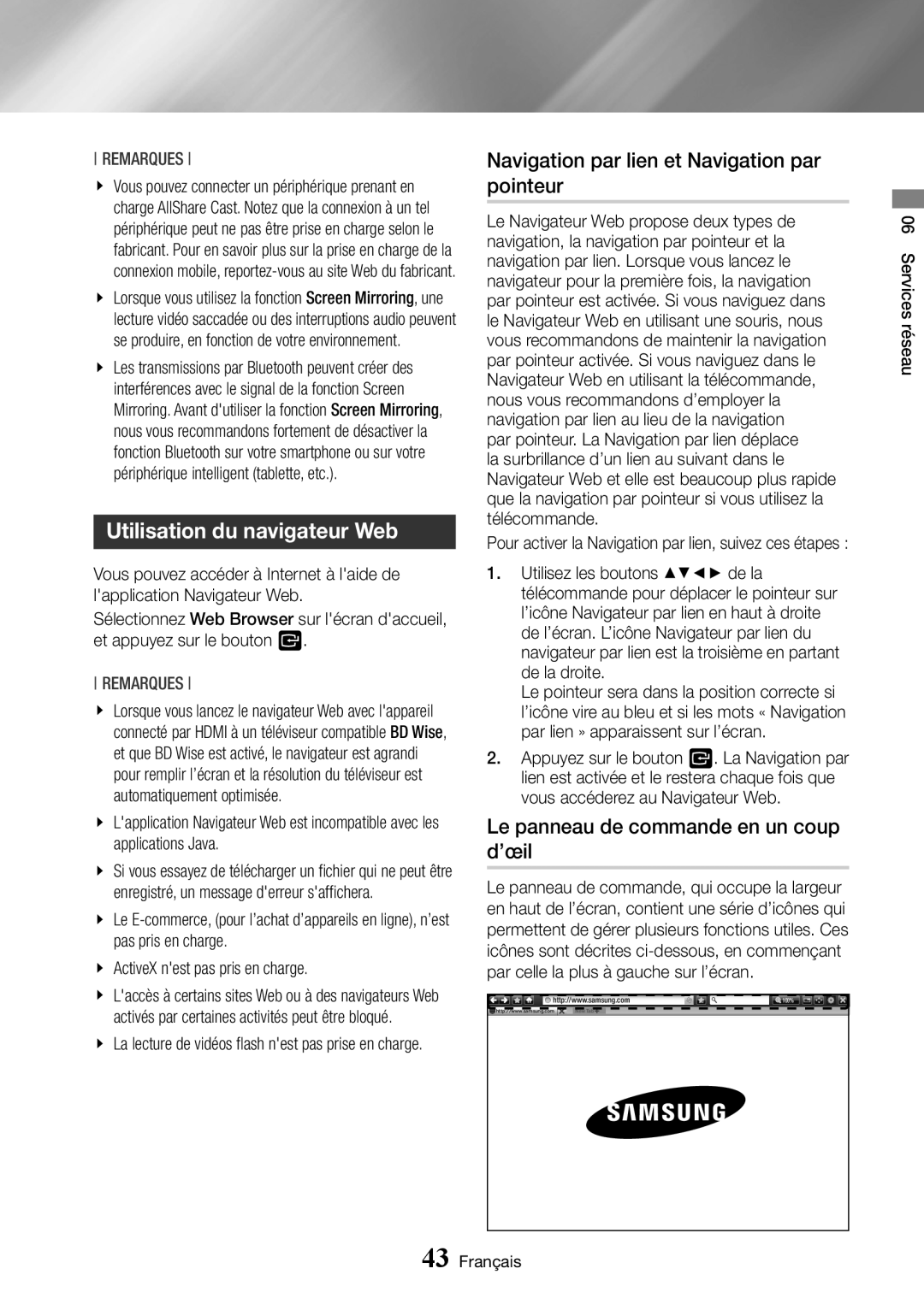 Samsung BD-J7500/ZF manual Utilisation du navigateur Web, Navigation par lien et Navigation par pointeur 