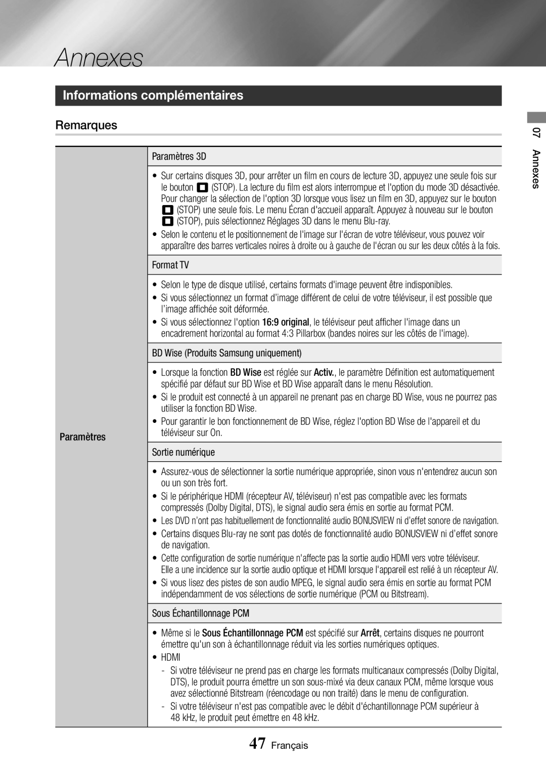 Samsung BD-J7500/ZF manual Annexes, Informations complémentaires, Remarques, Hdmi 