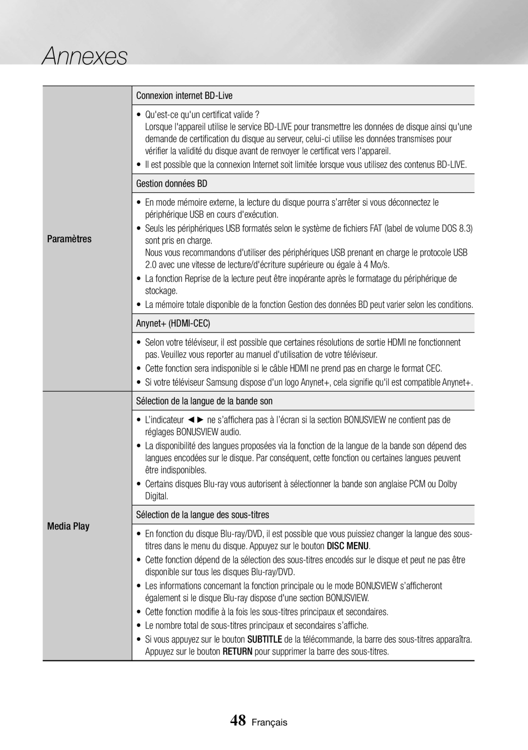 Samsung BD-J7500/ZF Gestion données BD, Périphérique USB en cours dexécution, Paramètres, Sont pris en charge, Stockage 