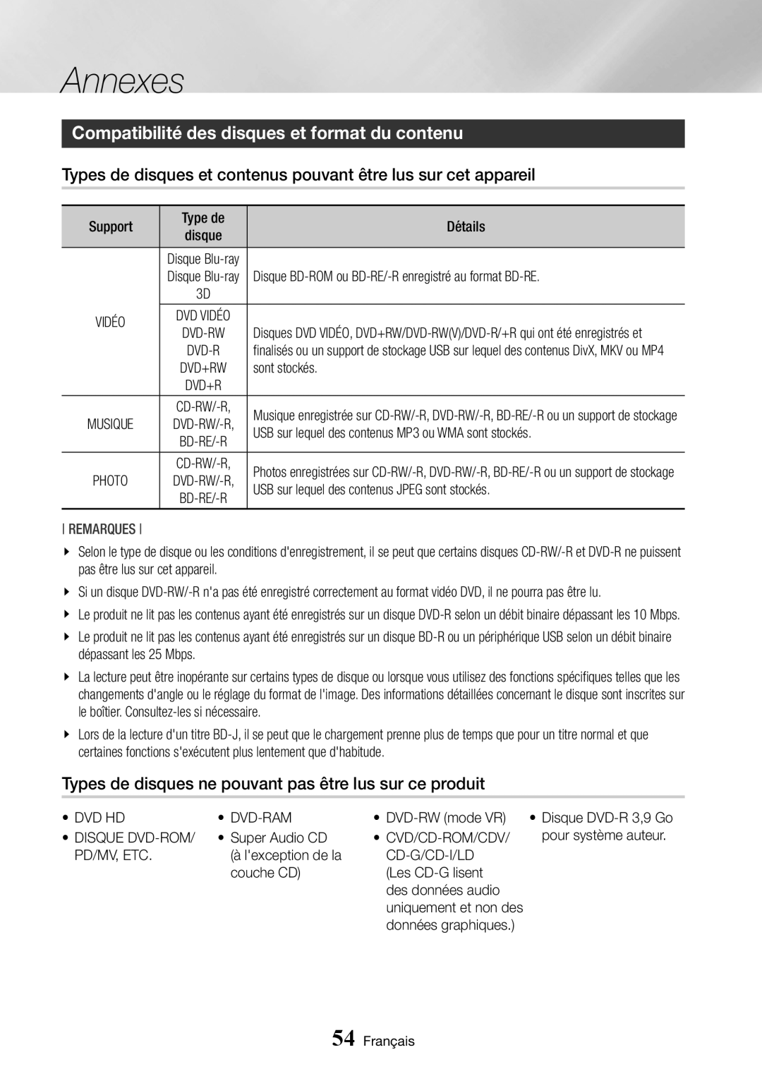 Samsung BD-J7500/ZF manual Compatibilité des disques et format du contenu 