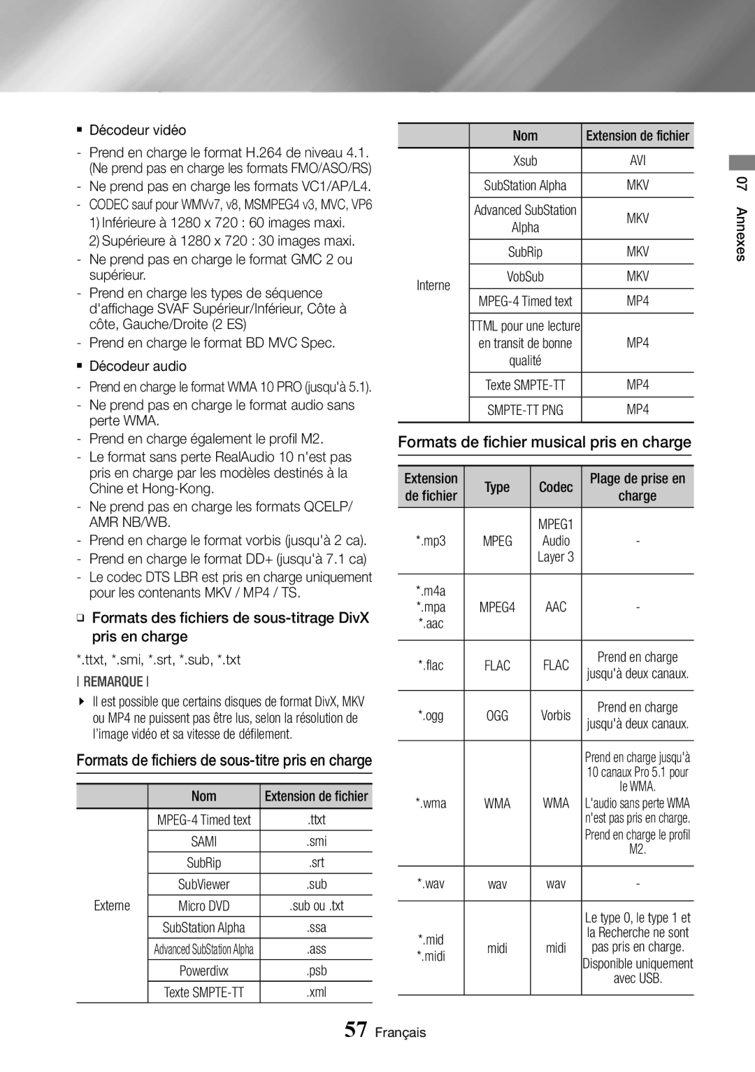 Samsung BD-J7500/ZF manual Formats de fichier musical pris en charge 