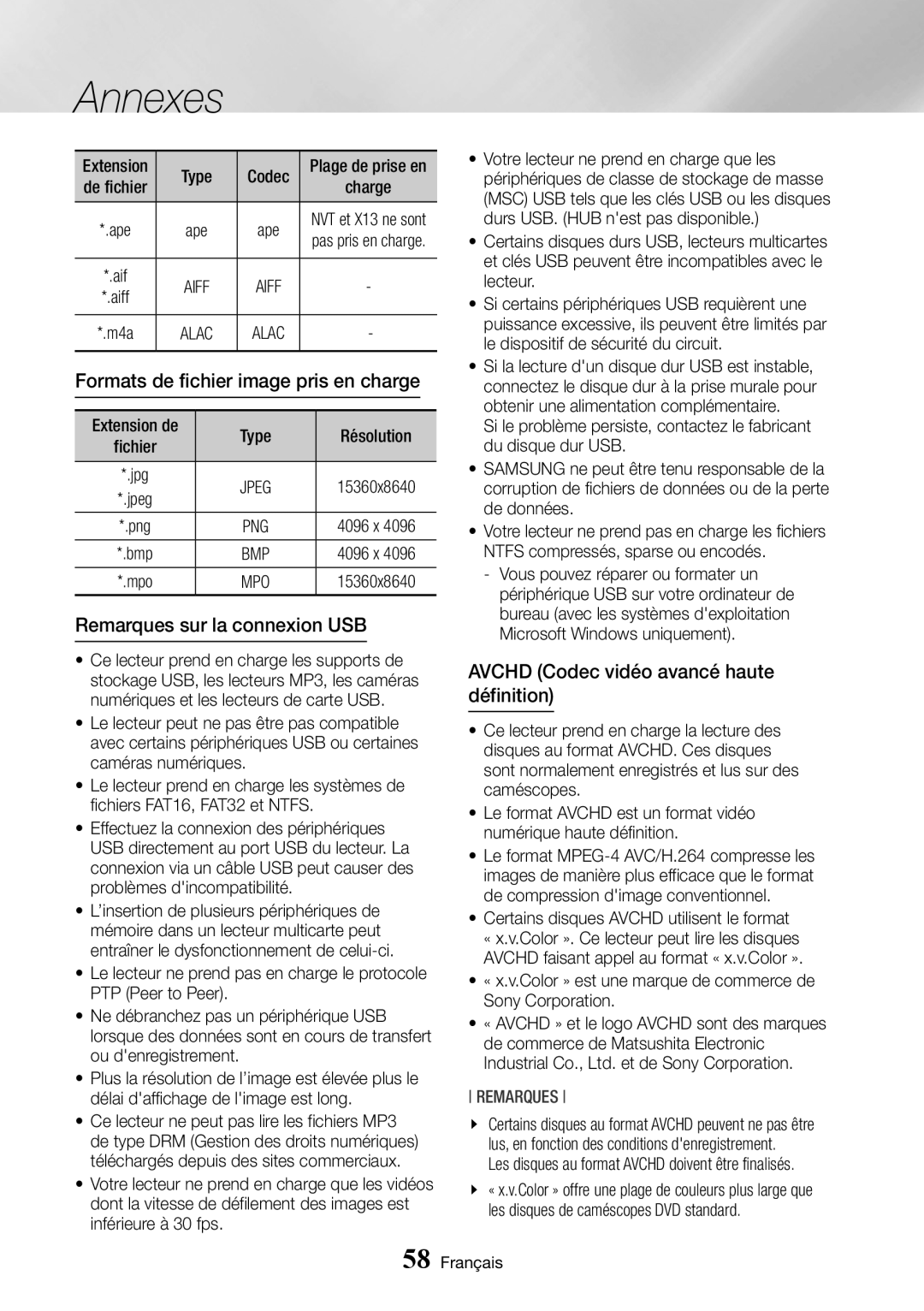 Samsung BD-J7500/ZF manual Formats de fichier image pris en charge, Remarques sur la connexion USB 