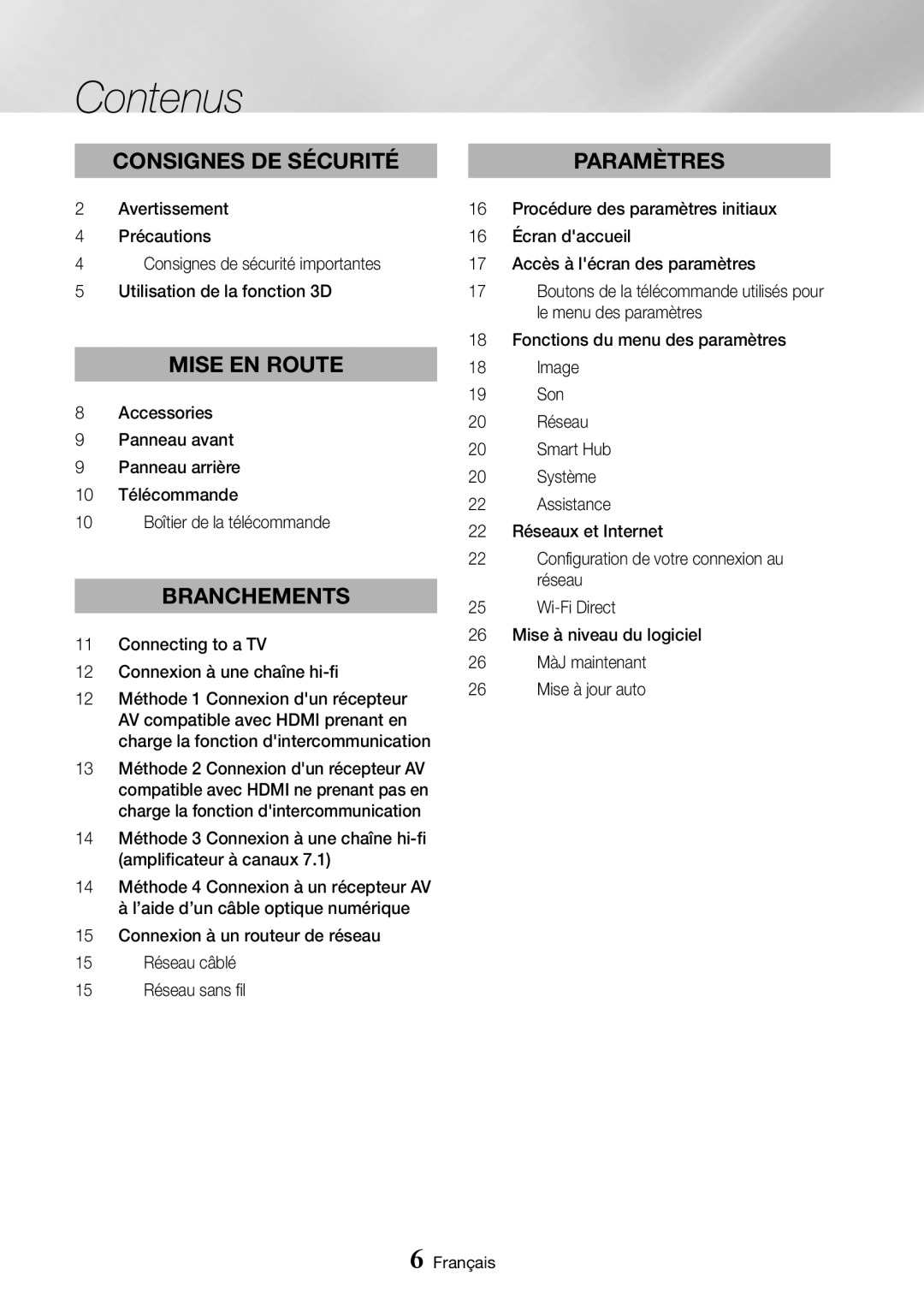 Samsung BD-J7500/ZF manual Contenus, Branchements 