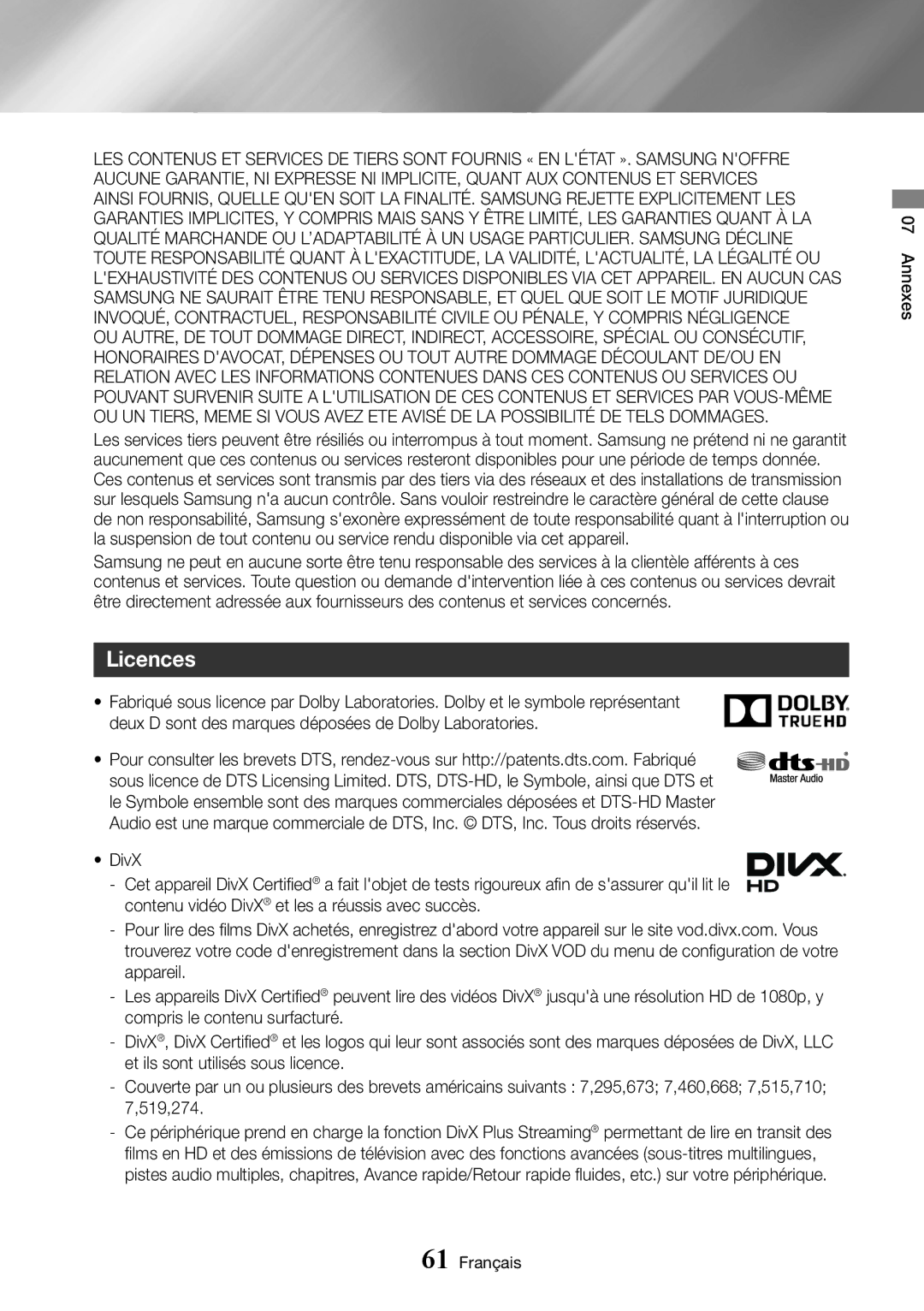 Samsung BD-J7500/ZF manual Licences 