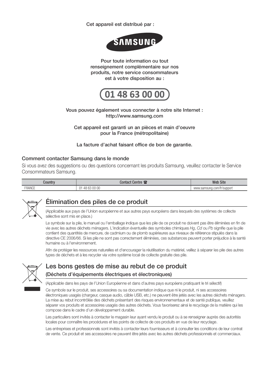 Samsung BD-J7500/ZF manual Élimination des piles de ce produit, Country, Contact Centre , Web Site 