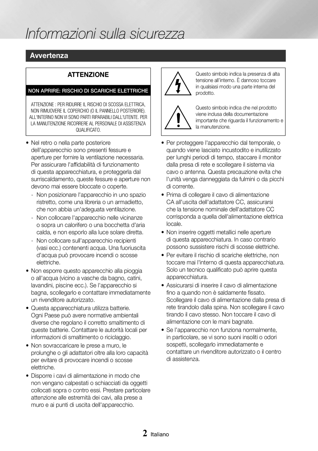 Samsung BD-J7500/ZF manual Informazioni sulla sicurezza, Avvertenza 