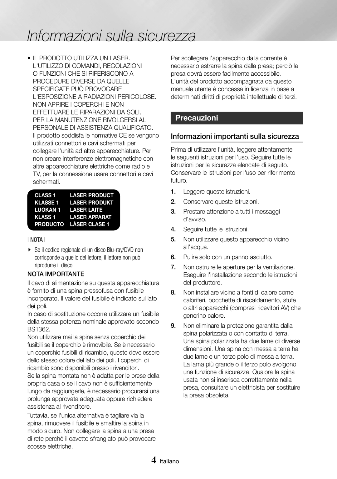 Samsung BD-J7500/ZF manual Precauzioni, Informazioni importanti sulla sicurezza, Nota Importante 