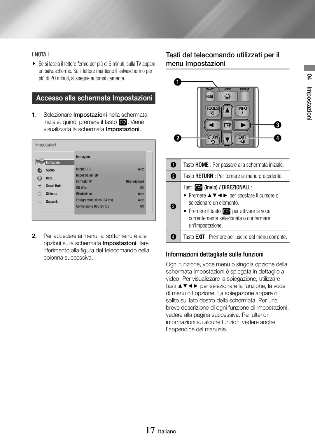 Samsung BD-J7500/ZF Tasti del telecomando utilizzati per il menu Impostazioni, Informazioni dettagliate sulle funzioni 