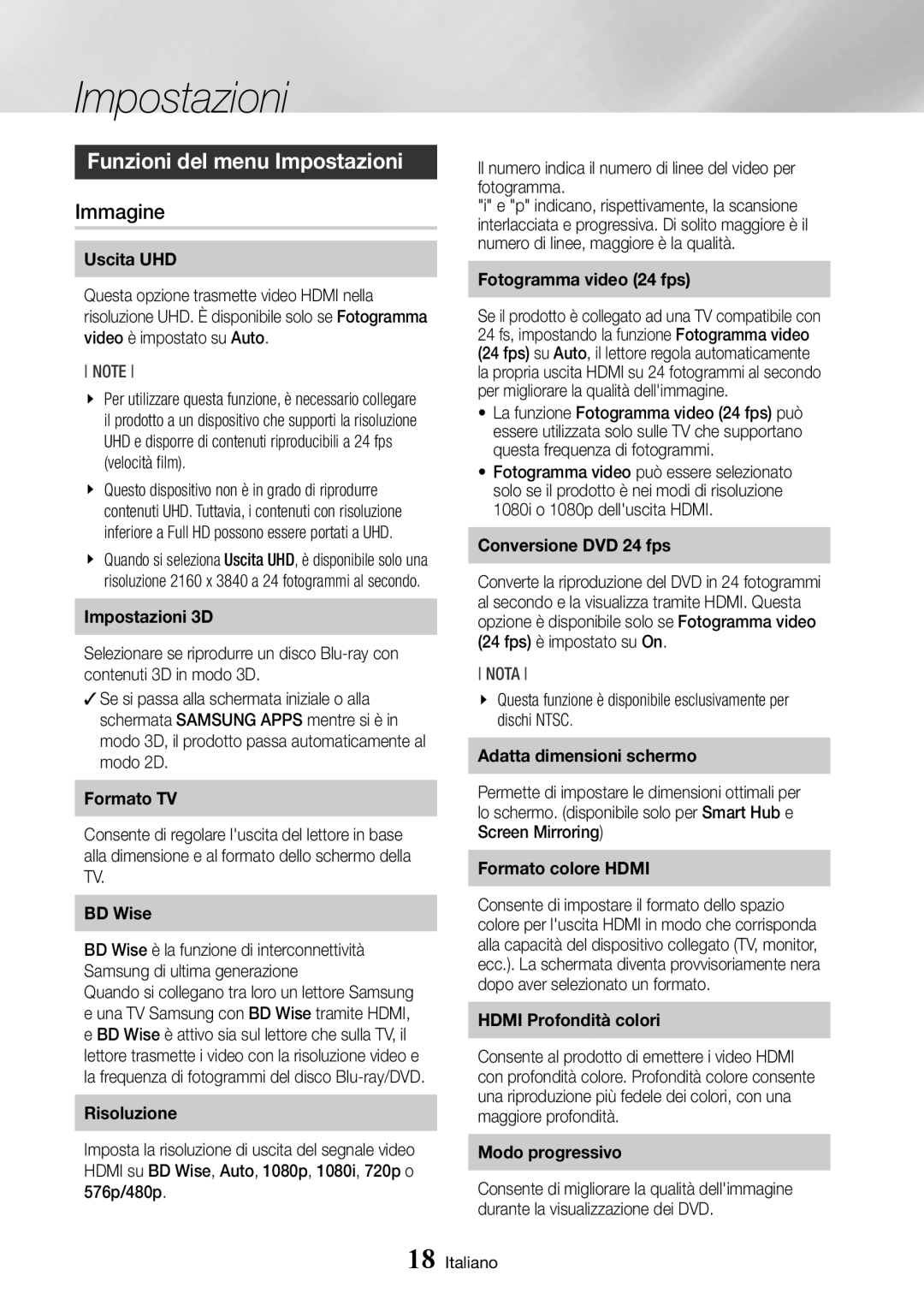 Samsung BD-J7500/ZF manual Funzioni del menu Impostazioni, Immagine 