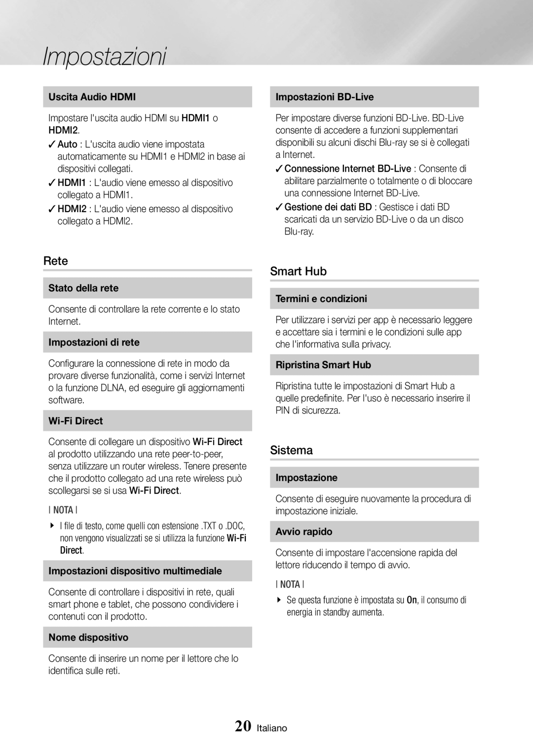 Samsung BD-J7500/ZF manual Rete, Smart Hub, Sistema 